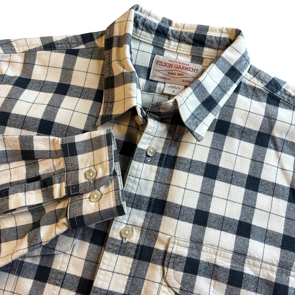 Filson Alaskan Guide Sz Medium Buffalo Check Flannel Shirt Cream Black Cotton